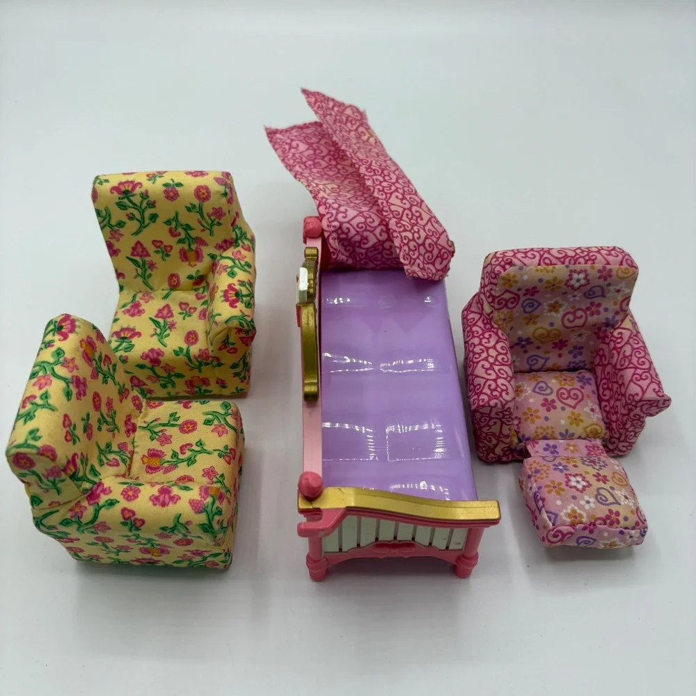 Fisher Price Loving Family Dollhouse Furniture Bed Couch Pink Yellow Floral 2006